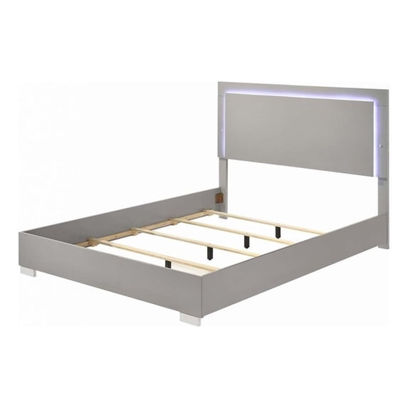 Suni King Size Bed w LED Headboard-Light Taupe Gray Wood Frame