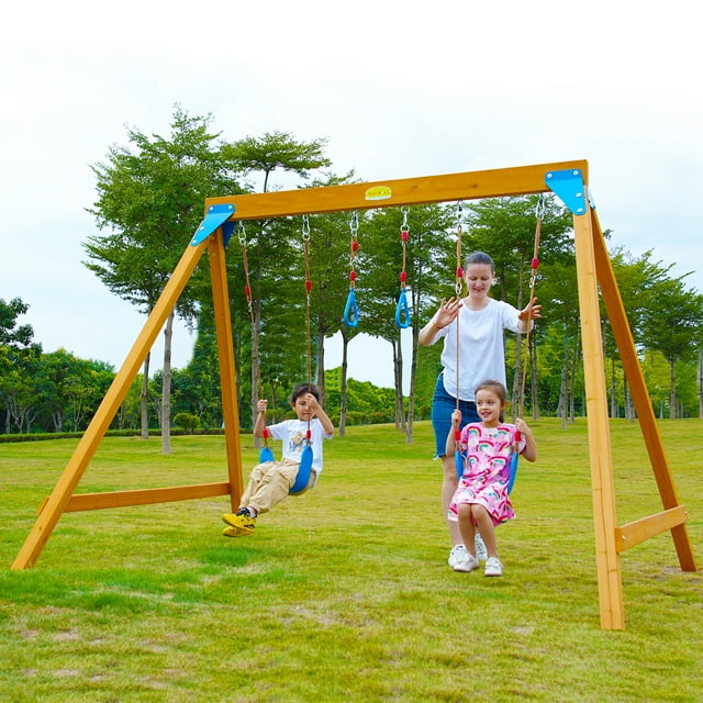 SuniBoxi Kids Swing Sets for Backyard, Wooden Playground Sets with 2