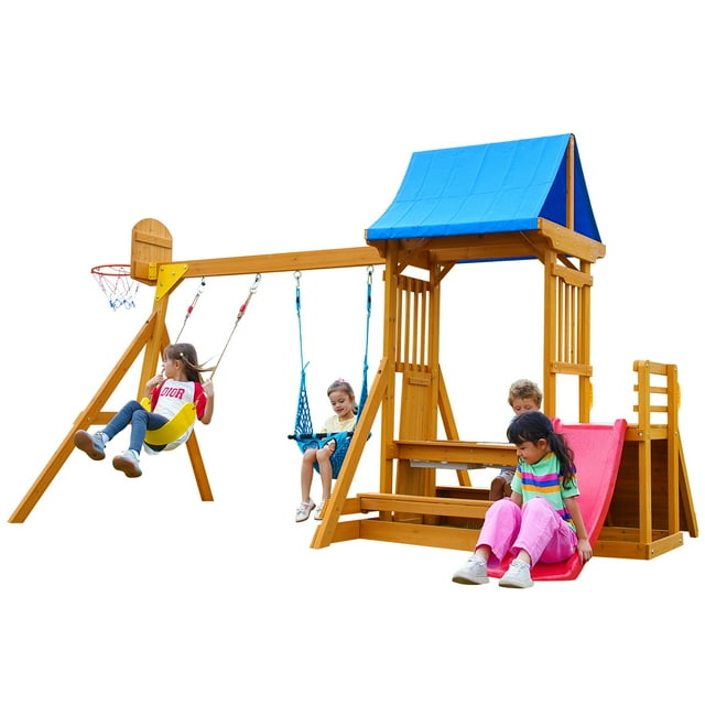 SuniBoxi Kids Swing Sets for Backyard, Wooden Playground Sets for