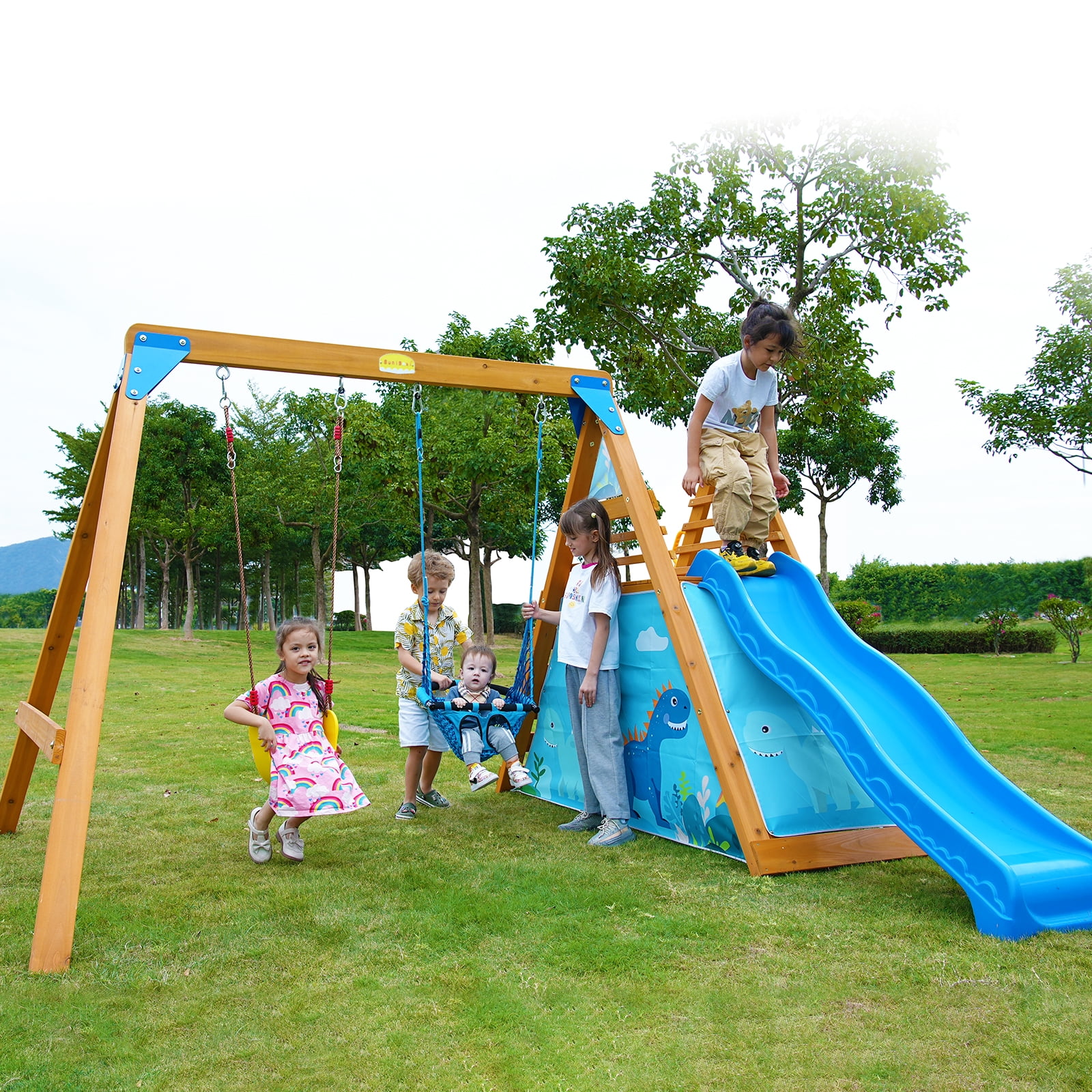 SuniBoxi 2 Swings Kids Backyard Natural Blue Wooden Playground Sets