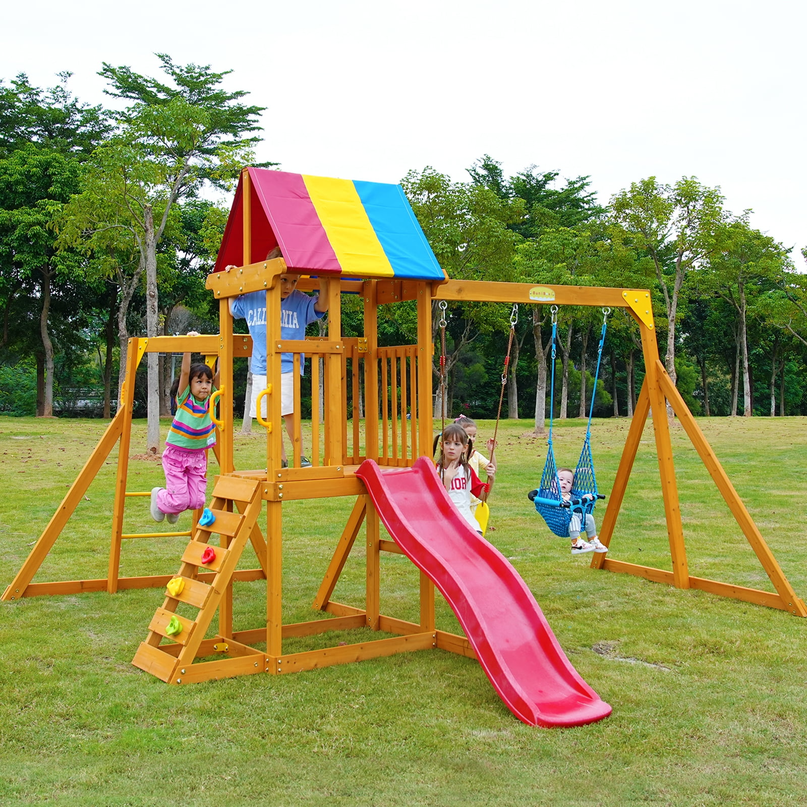 SuniBoxi Playground Sets for Backyard Wooden Swing, Slide, Sandbox