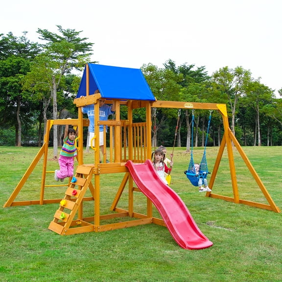 Suniboxi 2 Swing Wooden Playground Colourful Climbing Wall Sandbox Shed Cloth Monkey Bar Swing Set
