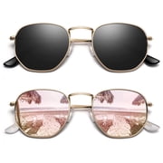 Sunier Hexagon Polarized Fashion Sunglasses Women Ultralight Square Polygon Metal Shades-2 Pairs