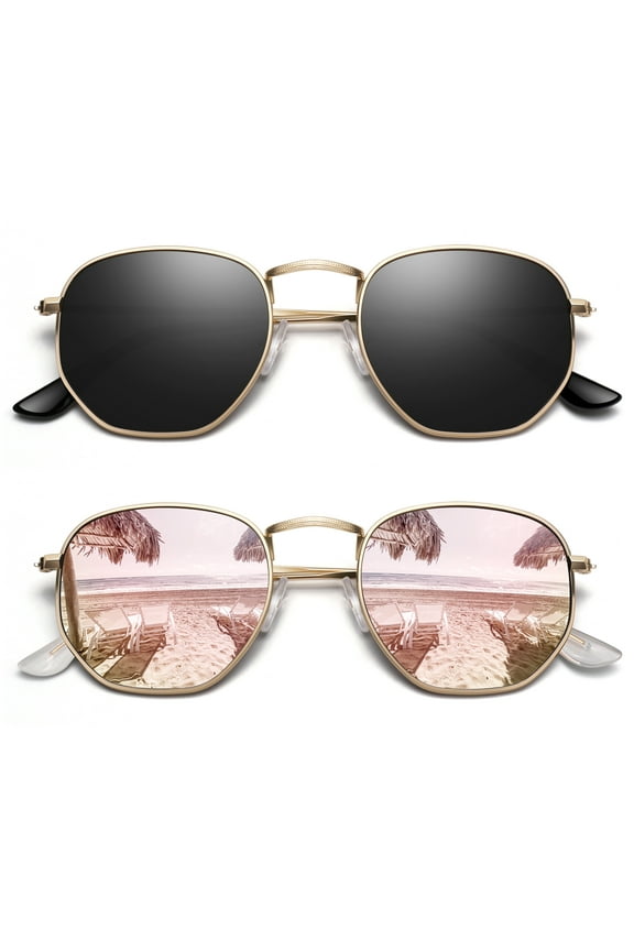 Hexagon Polarized Fashion Sunglasses Women Ultralight Square Polygon Metal Shades-2 Pairs