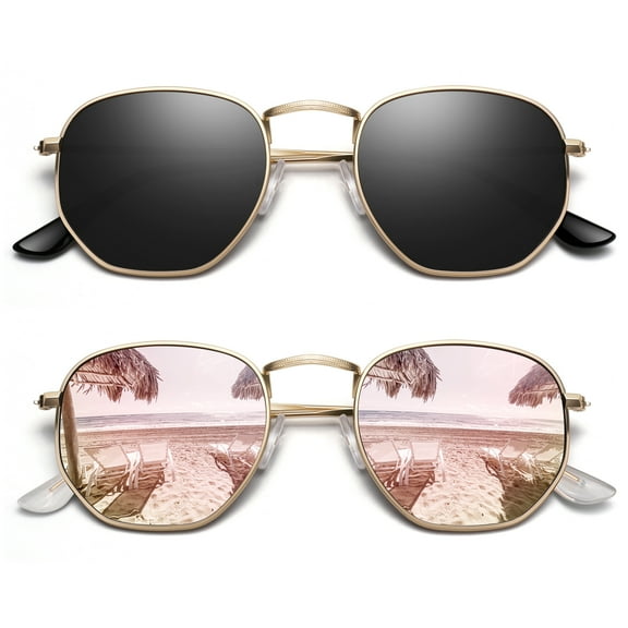 Sunier Hexagon Polarized Fashion Sunglasses Women Ultralight Square Polygon Metal Shades-2 Pairs