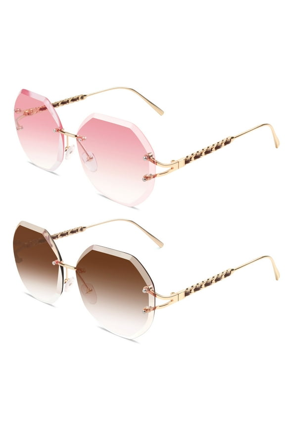 Oversized Rimless Sunglasses for Women Fashion Gradient Ladies Shades-2 Pack