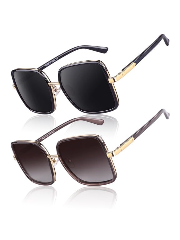 Oversized Square Polarized Sunglasses for Women Fashion Shades for Women-2 Pack