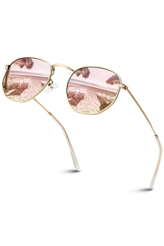 Polarized Pink Hexagon Fashion Sunglasses for Women Ultralight Square Polygon Metal Shades