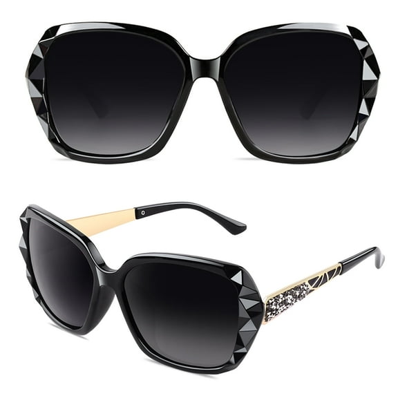 Sunier Polarized Square Oversized Trendy Fashion Black Sunglasses for Women with Sparkly Rhinestone