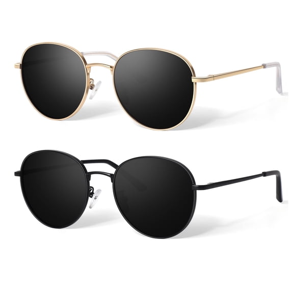 Sunier Round Polarized Trendy Sunglasses for Women Metal Frame Retro Shades-2 Pack