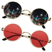 Sunier Round Sunglasses Retro 70s Polarized Hippie Lennon Metal Frame Men Women-2 Pairs