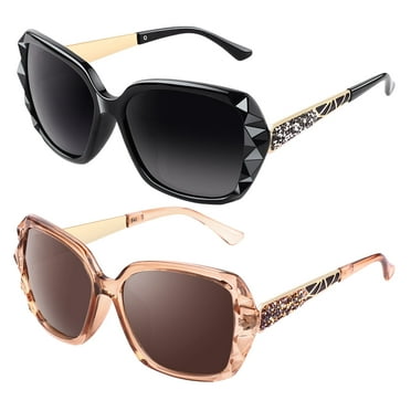 Sunier Square Oversized Trendy Fashion Polarized Sunglasses for Women with Sparkly Rhinestone-2 Pack