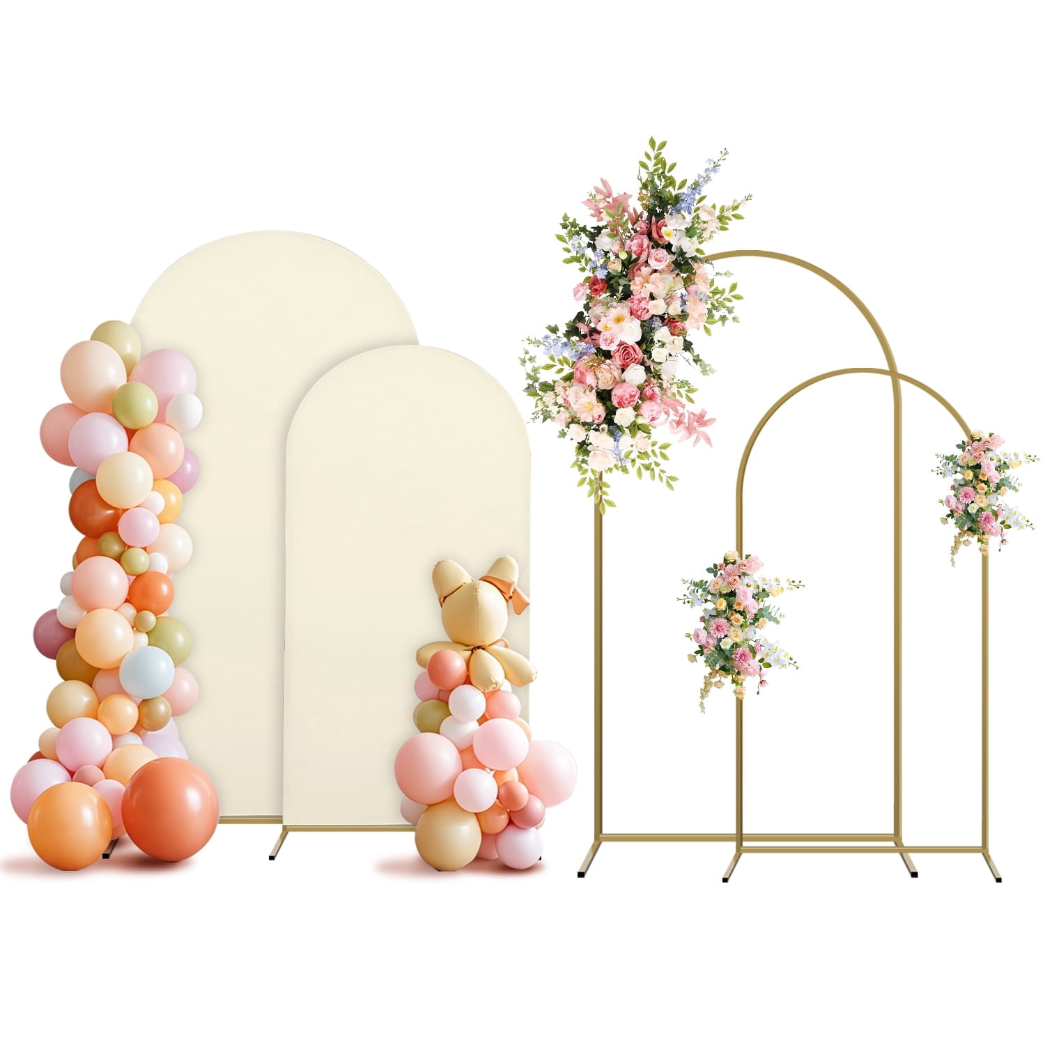 Sunifier Arch Backdrop Stand and Cover Set, 2 Metal Balloon Arch Backdrop 7.2ft 6ft, Gold Arched Stand Frame for Wedding, Parties,Birthday,Decorations (Beige,7.2ft+6ft)