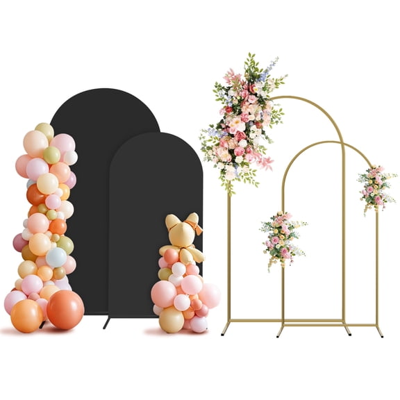 Sunifier Arch Backdrop Stand and Cover Set, 2 Metal Balloon Arch Backdrop 7.2ft 6ft, Gold Arched Stand Frame for Wedding, Parties,Birthday,Decorations (Black,7.2ft+6ft)