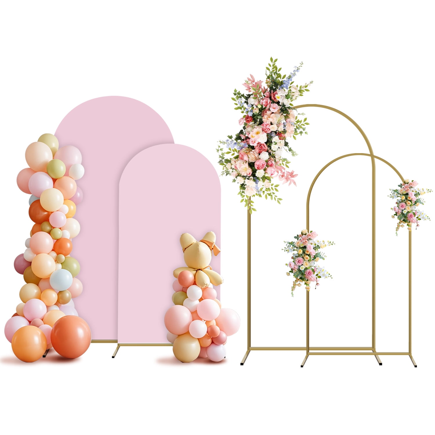 Sunifier Arch Backdrop Stand and Cover Set, 2 Metal Balloon Arch Backdrop 7.2ft 6ft, Gold Arched Stand Frame for Wedding, Parties,Birthday,Decorations (PalePink,7.2ft+6ft)