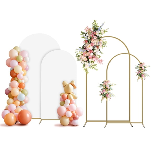 Sunifier Arch Backdrop Stand and Cover Set, 2 Metal Balloon Arch Backdrop 7.2ft 6ft, Gold Arched Stand Frame for Wedding, Parties,Birthday,Decorations (White,7.2ft+6ft)