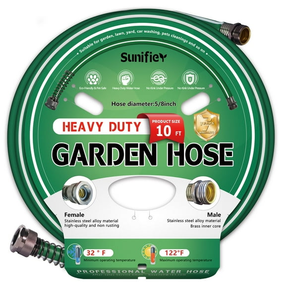 Sunifier Garden Hose 10 ft– Outdoor Water Hose - Flexible, Kinkless, Lightweight, Heavy Duty Garden Hose for Lawn Watering, Car Washing(10 ft)
