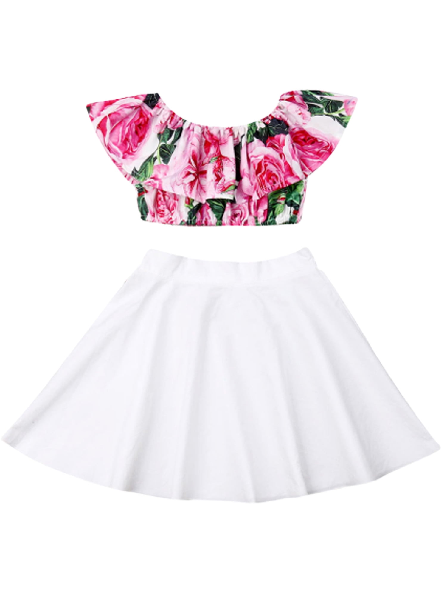 2pcs Baby Girl Allover Graffiti Letter Print One Shoulder Strap Short-sleeve Crop Top and Skirt Set