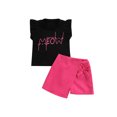 thumbnail image 1 of Sunisery 2Pcs Summer Kids Baby Girls Clothes Letter Print Sleeveless T-shirt+Bow Irregular Shorts Outfits Rosy 3-4 Years, 1 of 9