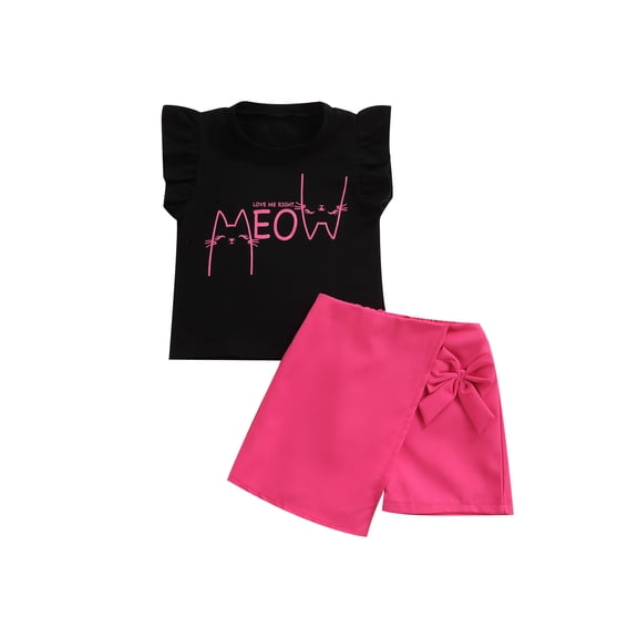 Sunisery 2Pcs Summer Kids Baby Girls Clothes Letter Print Sleeveless T-shirt+Bow Irregular Shorts Outfits Rosy 5-6 Years