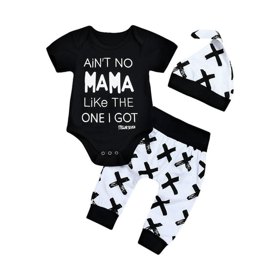Sunisery 3Pcs Newborn Baby Boy Cotton Top Romper Pants Leggings Hat Outfits Clothes Black 3-6 Months