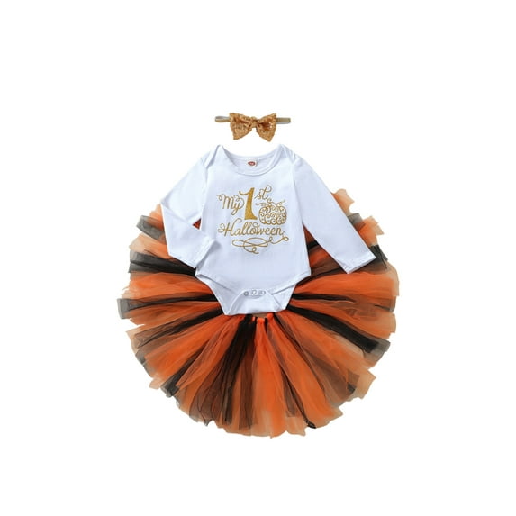 Sunisery 3Pcs Newborn Baby Girls My 1st Halloween Clothes Sets Letter Printed Romper Lace Tutu Skirts Headband 0-18M