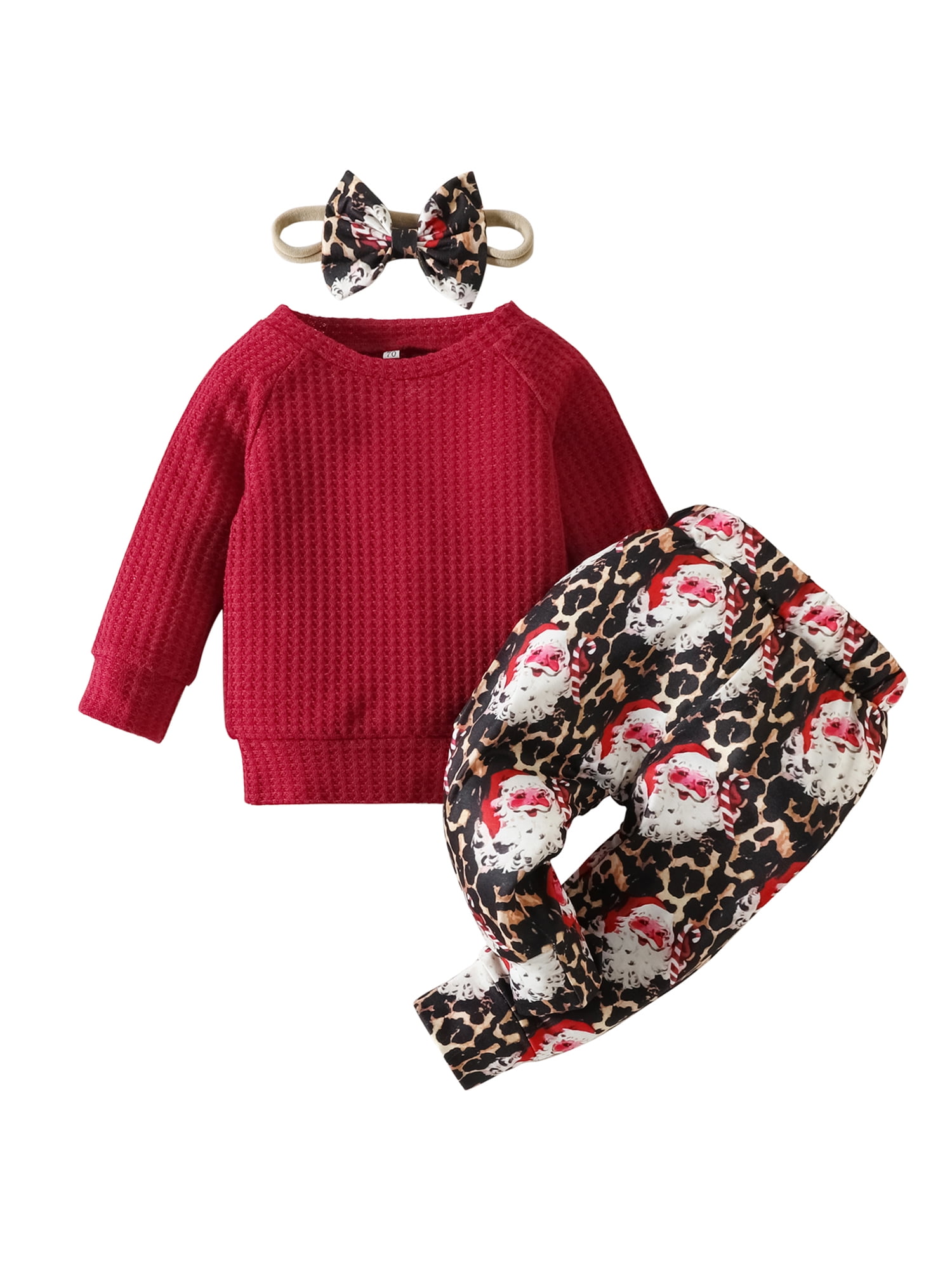 Sunisery 3Pcs Toddler Baby Girls Christmas Outfits Waffle Long Sleeve