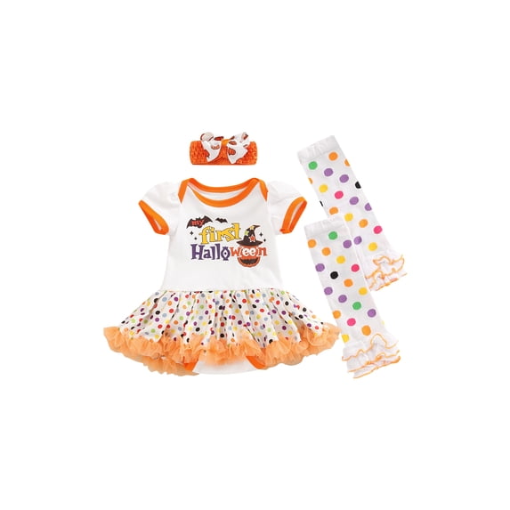 Sunisery 4Pcs Baby Girls My 1st Halloween Outfits, Short Sleeve Letter Print Romper Tutu Skirt + Leg Warmers + Headband Set