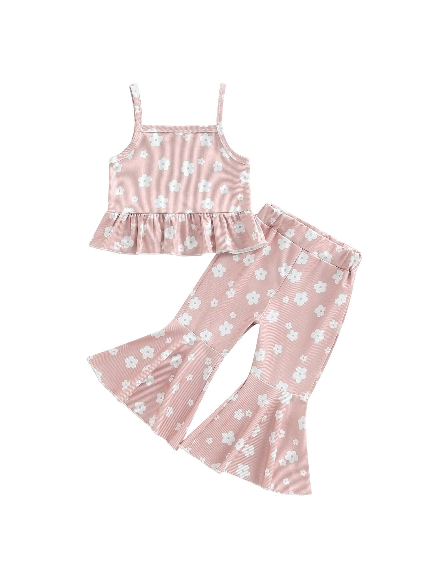 Sunisery Baby Girl Flare Pants Outfits Floral Ribbed Crop Top