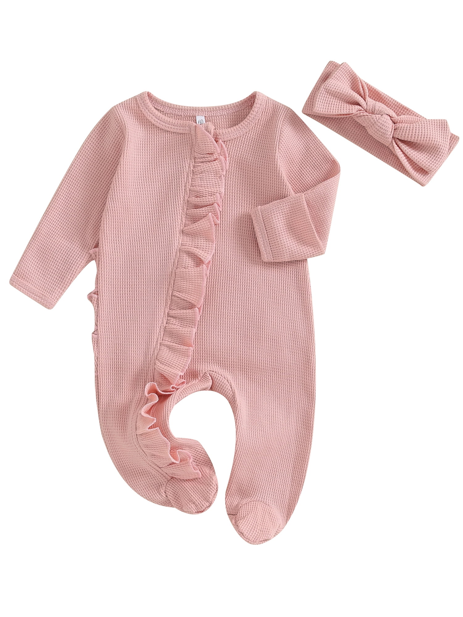 Sunisery Baby Girl Footie Romper Waffle Knit Romper Zippers Onesie Bodysuit with Headband