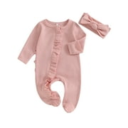 Sunisery Baby Girl Footie Romper Waffle Knit Romper Zippers Onesie Bodysuit with Headband