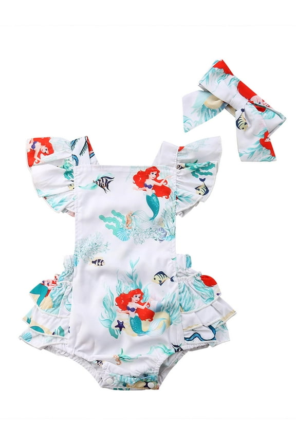Baby Girl Rompers Clothes, Mermaid Sea World Pattern Flower Edge Bodysuit and Solid Basic Style Rompers Outfits