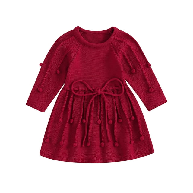 Sunisery Baby Girls Christmas Sweater Dresses Knitted Bobbles Decor Bow Drawstring Belt