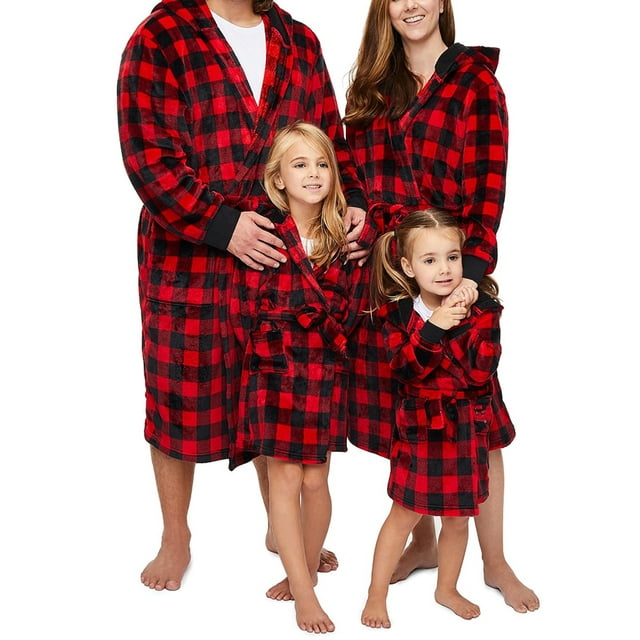 Sunisery Christmas Family Matching Hooded Robes Pajamas Plaid Fleece Bathrobe Loungewear for
