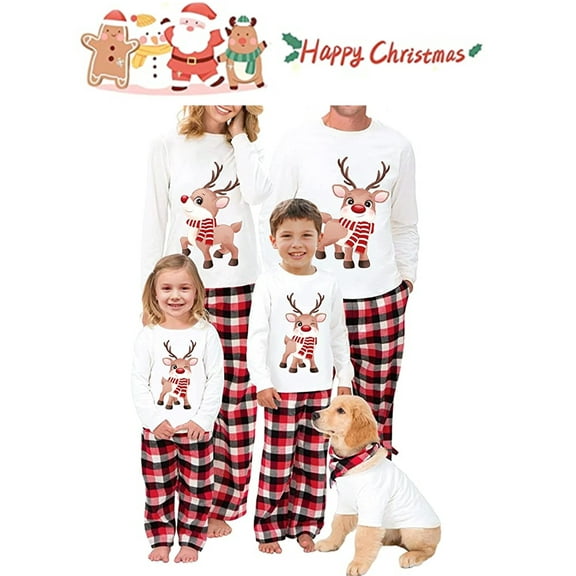 Sunisery Christmas Family Matching Pajamas Clothes Outfits for Couples Dog Owner Long Sleeve T-Shirt + Plaid Trouser Elk Xmas Pjs