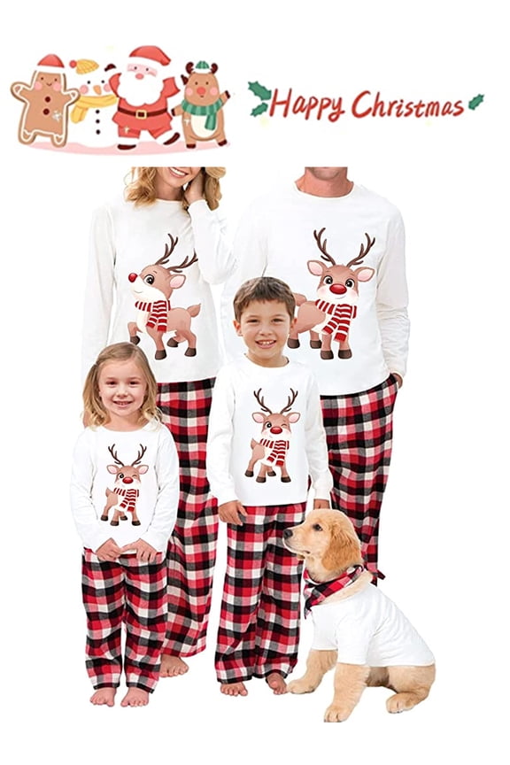 Christmas Family Matching Pajamas Clothes Outfits for Couples Dog Owner Long Sleeve T-Shirt + Plaid Trouser Elk Xmas Pjs