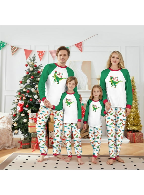 Sunisery Christmas Family Matching Pajamas Set Adult Kids Baby Dinosaur Printed Tops+Pants Sleepwear Nightwear Set Green Women,M