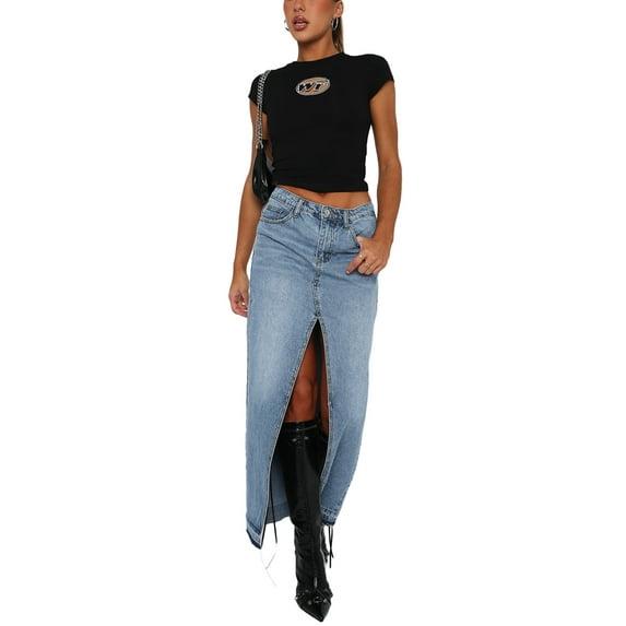 Sunisery Denim Casual High Waisted Solid Split Long Skirt (Women's)