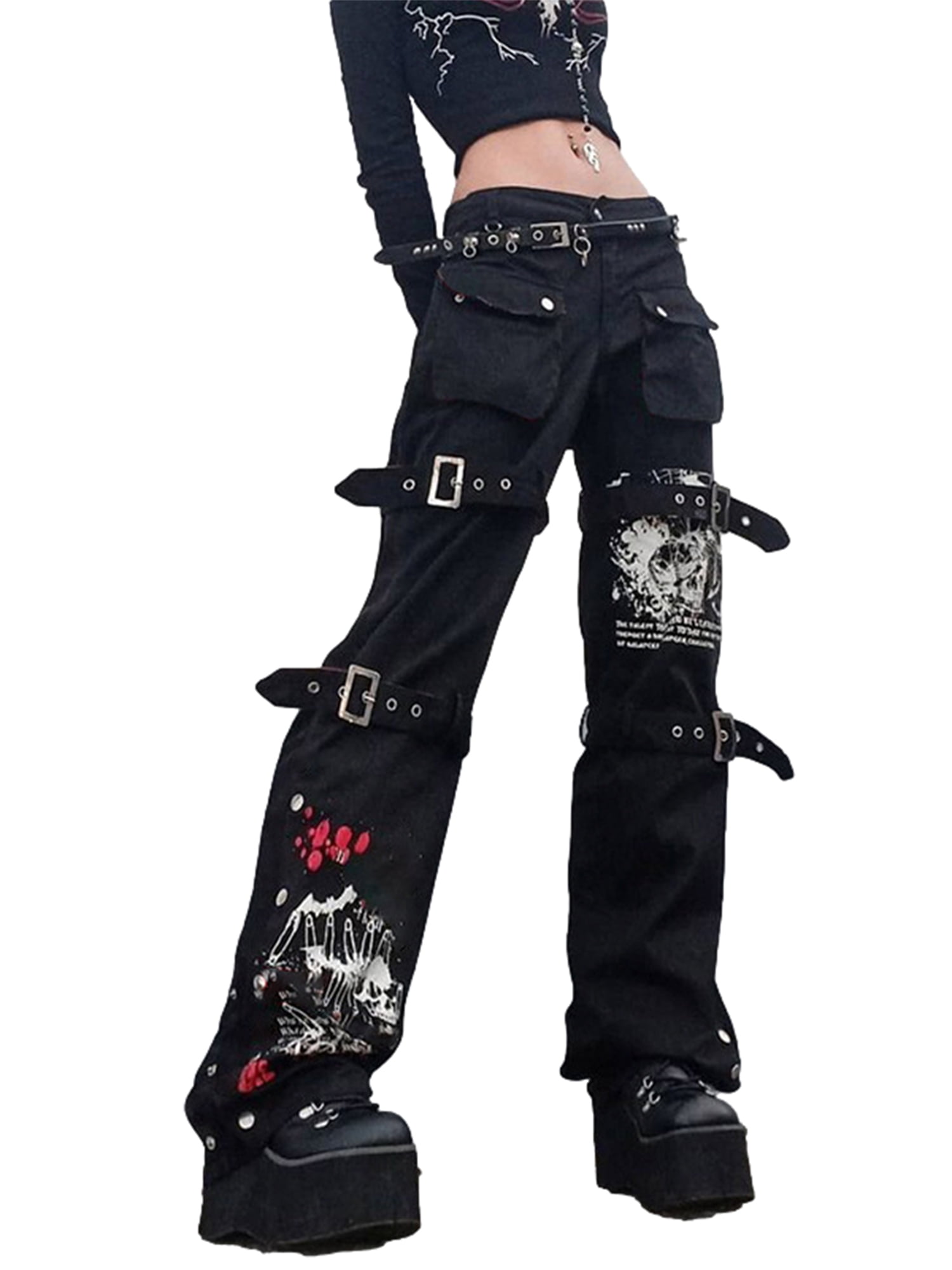 Sunisery Eyelet Buckle Black Punk Goth Jeans for Woman Sunisery Eyelet Buckle Black Punk Goth Jeans for Woman