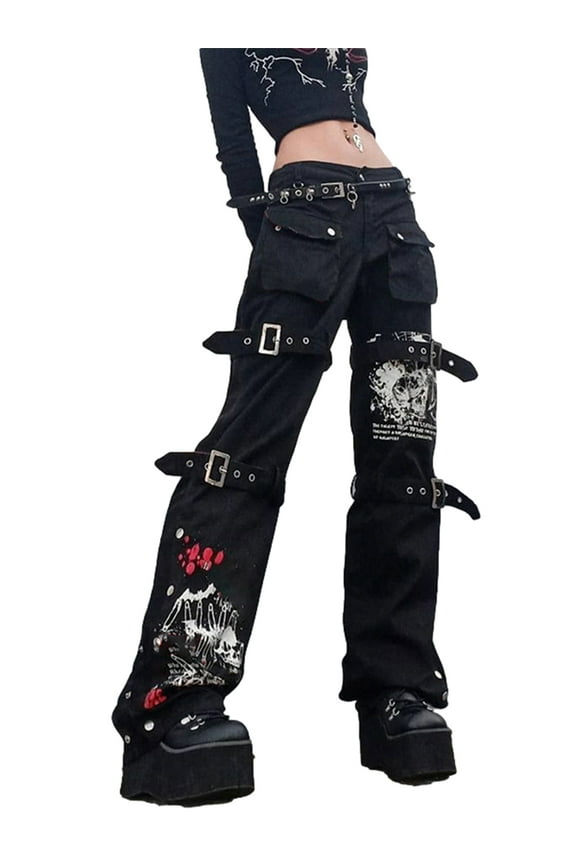 Eyelet Buckle Black Punk Goth Jeans for Woman Academic Print  Y2k E Girl Pants High Waist Denim Trousers