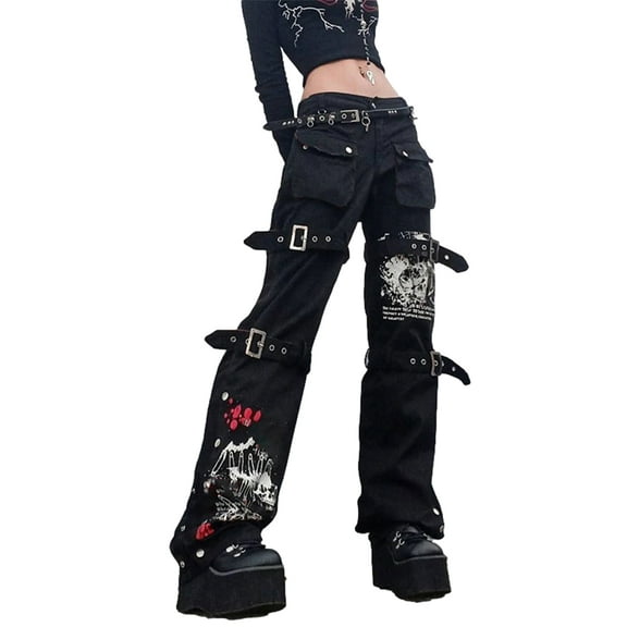 Sunisery Eyelet Buckle Black Punk Goth Jeans for Woman Academic Print Y2k E Girl Pants High Waist Denim Trousers