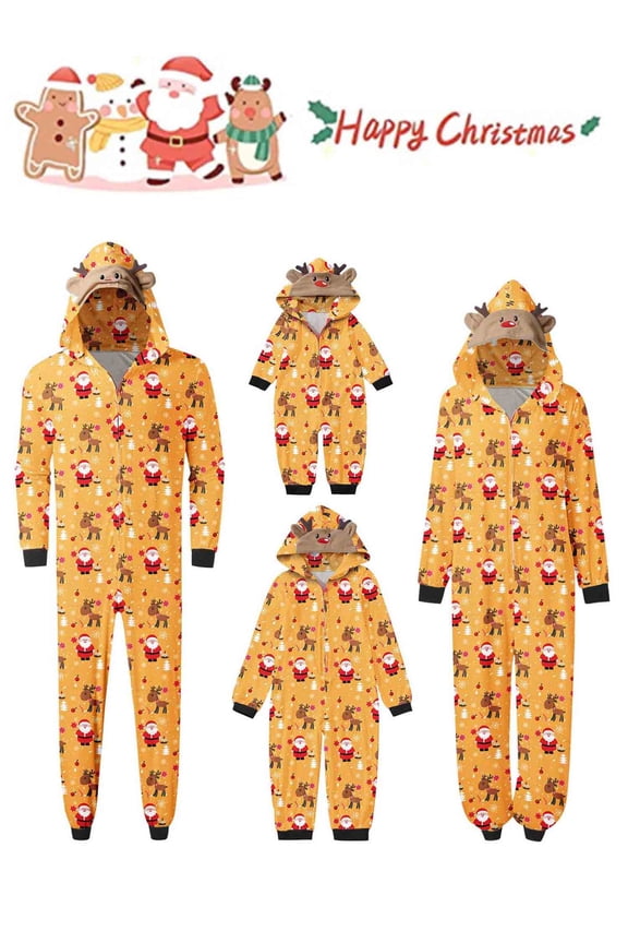 Family Christmas Pjs Matching Sets Santa Print Jumpsuit Onesie with Hooded Christmas Pajamas for Family Holiday Xmas Sleepwear