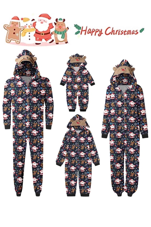 Family Christmas Pjs Matching Sets Santa Print Jumpsuit Onesie with Hooded Christmas Pajamas for Family Holiday Xmas Sleepwear
