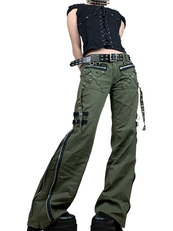 Gothic Cargo Jeans for Women Wide Straight Leg Punk Grunge Baggy Pants Aesthetic Y2k Trousers Streetwear with Pockets