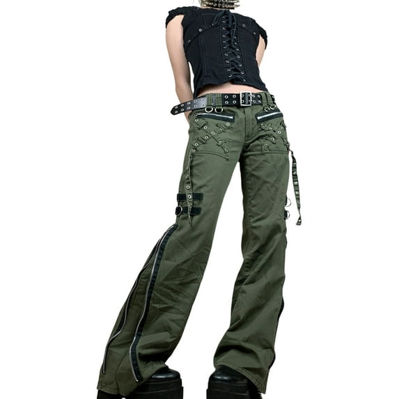 Sunisery Gothic Cargo Jeans for Women Wide Straight Leg Punk Grunge Baggy Pants Aesthetic Y2k Trousers Streetwear with Pockets