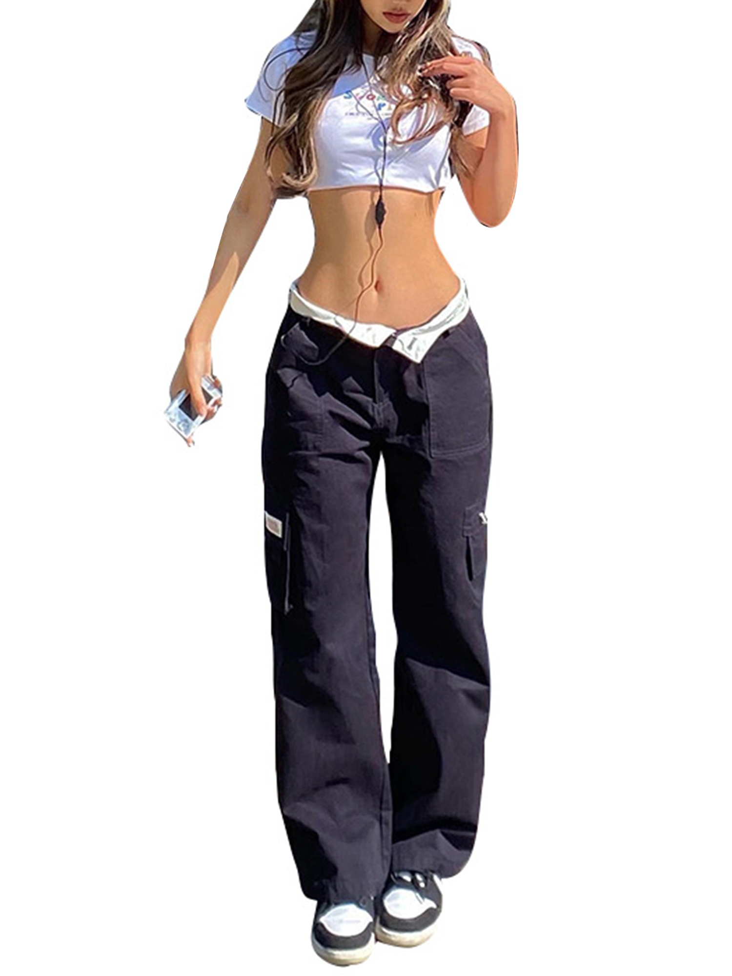 Sunisery High Waist Baggy Cargo Pants for Women Pocket Relaxed Fit Straight Wide Leg Y2K Pants