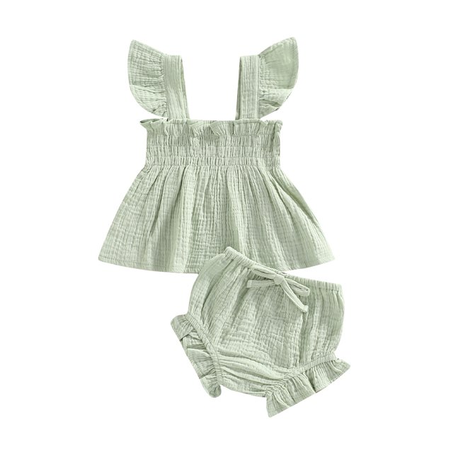 Sunisery Infant Baby Girl Summer Linen Outfit Strap Smocked Bubble