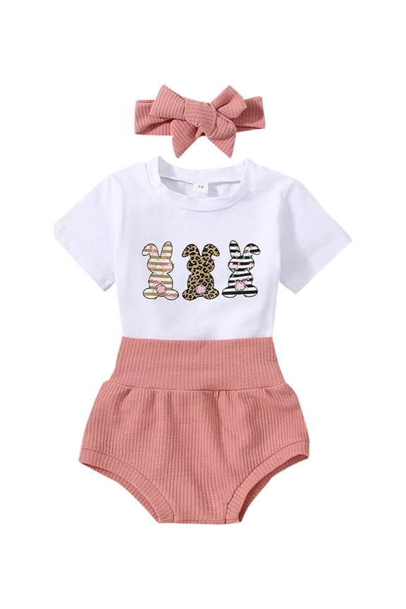 Infant Baby Girls Easter Outfits Short Sleeve Rabbit Print Romper Elastic Waist Shorts with Hairband 3Pcs Clothes Set