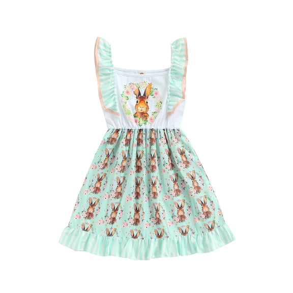 Sunisery Kids Girls Easter Dress Ruffle Casual Rabbit Pattern Little Princess Smocked Easter Bunny Dress
