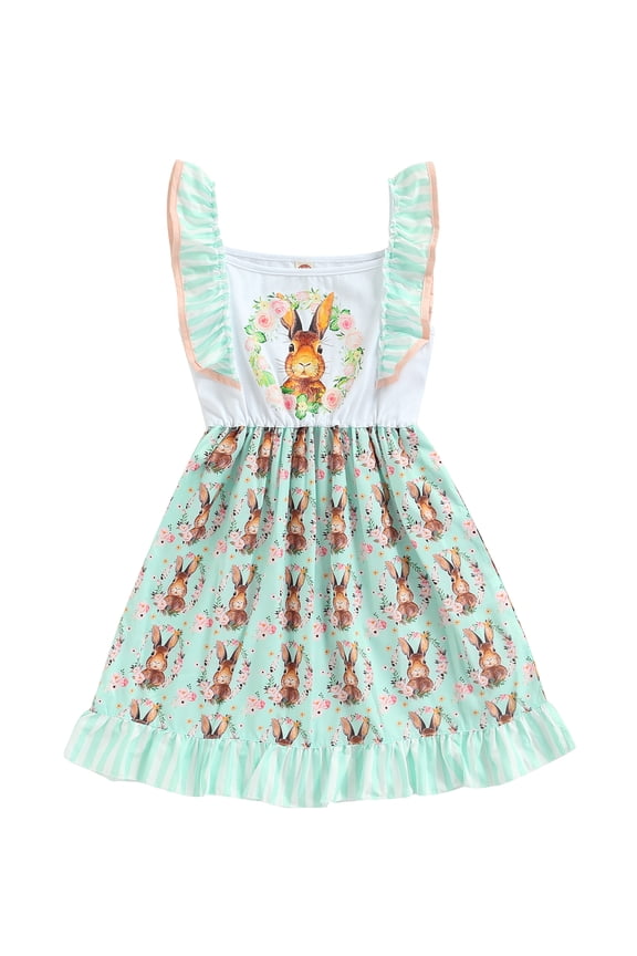 Kids Girls Easter Dress Ruffle Casual Rabbit Pattern Little Princess Smocked Easter Bunny Dress
